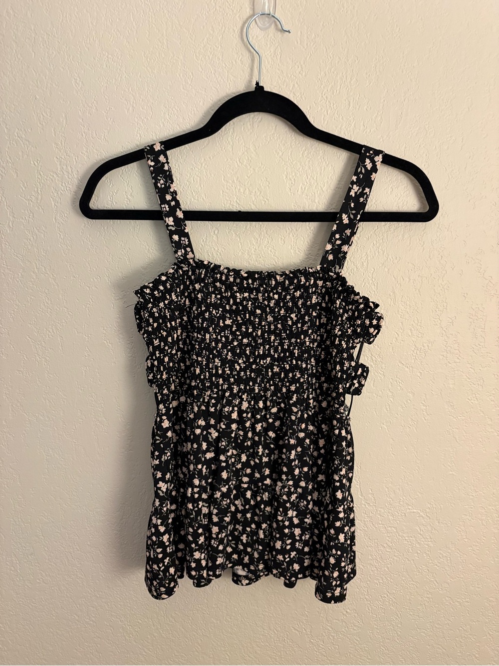 Lily Star Black Floral Smocked Tank with Pink Blossoms